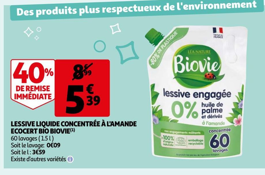 LESSIVE LIQUIDE CONCENTRÉE À L'AMANDE ECOCERT BIO BIOVIE(1)