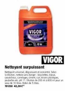 VIGOR  VIGOR  Nettoyant surpuissant  Nettoyant universel, dégraissant et concentré Selon la dilution, nettole sans danger: bicyclettes, bijoux, caoutchouc, carrelages, ciment, cuir, écrans plastiques,