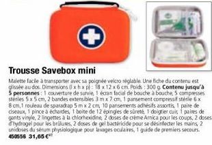 Trousse Savebox mini  Malette facile à transporter avec sa poignée velcro réglable. Une fiche du contenu est glissée au dos. Dimensions (I x hxp): 18 x 12 x 6 cm Poids : 300 g. Contenu jusqu'à 5 perso