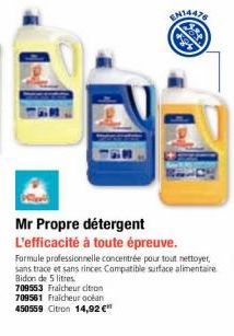 Mr Propre détergent L'efficacité à toute épreuve.  Formule professionnelle concentrée pour tout nettoyer, sans trace et sans rincer Compatible surface alimentaire Bidon de 5 litres. 709553 Fraicheur c