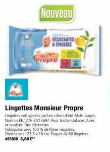 ropre  Lingettes Monsieur Propre  Lingettes nettoyantes parfum citron d'été. Muli-usages Normes EN 1276-EN13697. Pour toutes surfaces dures et lavables. Désinfectantes Fabriquées avec 100% de fibres r