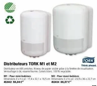 tork  distributeurs tork m1 et m2  think ahead.  distributeur en abs antichoc niveau de papier visible grâce à la fenêtre de visualisation. verrouillage à dé, visserie fournie. coloris blanc 100% recy