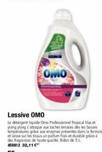 OMO  Lessive OMO  Le détergent liquide Oma Professionnel Tropical lilas et ylang ylang s'attaque aux taches tenaces dés les basses températures grâce aux enzymes présentes dans la formule et laisse su