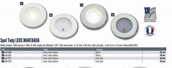 A  Type  Sans interrupteur  Avec interrupteur Sans interrupteur  Avec interrupteur  Spot Tudy LEDS MANTAGUA  Blanc chaud, 10W (conso 1.9W), 9-30V, angle de diffusion 120". Dim hors-tout : a 72 mm x 20