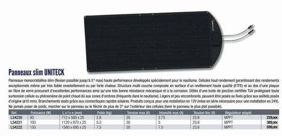 L54220 L54221 L54222 150  Lxixe (mm) 712 x 560 x 25  1120 x 670 x 25 1580 x 695 x 25  Poids (kg) 2.8 5.2  7,5  Panneaux slim UNITECK  Panneaux monocristallins slim (flexion possible jusqu'à 5° max) ha