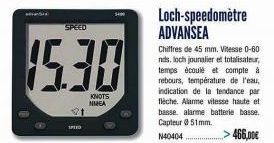 Si  SPEED  15.30  UPIED  KNOTS NMEA  Loch-speedomètre ADVANSEA  Chiffres de 45 mm. Vitesse 0-60 nds, loch jounalier et totalisateur,  temps écoulé et compte à rebours, température de l'eau, indication