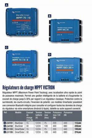 ARE  blus solar charger MPPT 75.1 15  Solche  MPPT 75 130 0  12/24 75 12/24 100 12/24 75 12/24 100  220 440  S  MPPT 100 130  220  440  Badd MPPT 100 30  Régulateurs de charge MPPT VICTRON  Régulateur