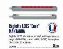 Réglette LEDS "Enez" MANTAGUA  Réglette LEDS aluminium anodisé, éclairage blanc et rouge (20W/10W), conso 4.8W, 9-30V, interrupteur Dim: 254 x 22 x 23 mm. L72053  ..70,00€ 