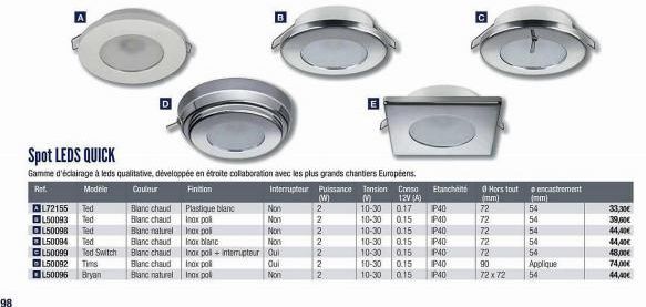 98  L72155 Ted  L50093 Ted  L50098 Ted L50094 Ted  Blanc chaud Blanc chaud Blanc naturel  Blanc chaud  ⒸL50099 Ted Switch Blanc chaud ⒸL50092 Tims  L50096 Bryan  Spot LEDS QUICK  Gamme d'éclairage à l
