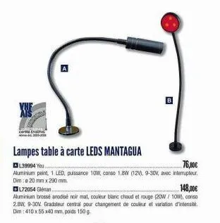 a  b  lampes table à carte leds mantagua  76,10€  l39994 you  aluminium peint, 1 led, puissance 10w, conso 1,8w (12v), 9-30v, avec interrupteur. dim: 20 mm x 290 mm.  l72054 glénan.  148,00€  aluminiu