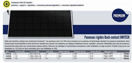 Ret L54235 56 L54236 110 L54239 150  Composez votre kit complet:  panneau + support + régulateur + connexion panneau/régulateur + connexion régulateur/batterie  Poids (kg) 3.8  Panneaux rigides Back-c