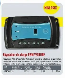wisear chrge  régulateur de charge pwm vechline  régulateur pwm (pulse with modulation) évitant la sulfatation et permettant de charger la batterie de manière équilibrée, prolongeant ainsi sa durée de