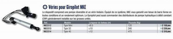 Ref.  N63312  N63313  N63314  Modele Type Mini  Type 32  Type 40  Vérins pour Giropilot NKE  Le dispositif comprend une pompe réversible et un vérin linéaire. Équipé de ce système, NKE vous garantit u