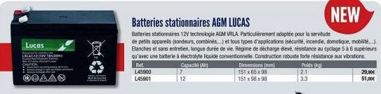 Lucas  BLATA  SHER  JA&D[4  NEW  Batteries stationnaires AGM LUCAS  Batteries stationnaires 12V technologie AGM VRLA. Particulièrement adaptée pour la servitude  de petits appareils (sondeurs, combiné