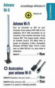 antenne  wi-fi  → accessoires  accastillage-diffusion.fr  +  antenne wi-fi  pour se connecter au wifi du port.  composé d'une antenne wifi 9db et d'un adaptateur wi-fi usb permettant de se connecter d