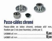 Passe-câbles chromé  Passe-câble en laiton chromé, embase 032 mm, fixation par 3 vis (non fournies). Livrés par 2. L43000 e6 mm...  L4300108 mm...  15,60€ 19,50€ 