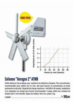 MINIPRIX  AEROGEN  Amps/heure en 12-14 Volts continu  0 10 20 30 40 50 60 Vitesse du vent (Noeuds)  Eolienne "Aerogen 2" ATMB  Petite éolienne très pratique pour maintenir les batteries chargées. Peu 