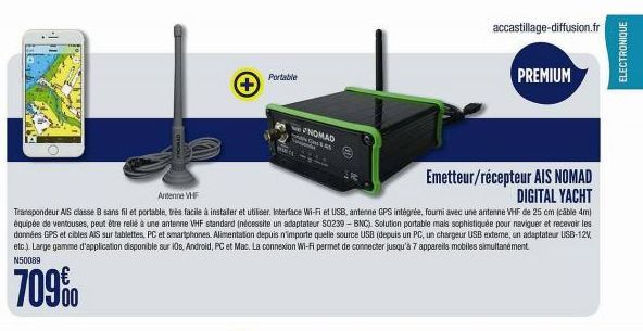 Antenne VHF  Transpondeur AIS classe B sans fil et portable, très facile à installer et utiliser. Interface Wi-Fi et USB, antenne GPS intégrée, fourni avec une antenne VHF de 25 cm (câble 4m) équipée 