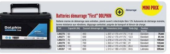 Dolphin  first  00  BATEN bec  L48270 50  L48271 60  +  Batteries démarrage "First" DOLPHIN  Batterie marine de démarrage sans entretien, plomb ouvert à électrolyte libre 12V. Autonomie de décharge mo