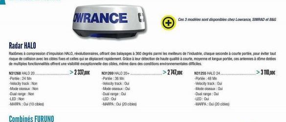 N31268 HALO 20. Portée : 24 Mn  Radar HALO  Radomes à compression d'impulsion HALO, révolutionnaires, offrant des balayages à 360 degrés parmi les meilleurs de l'industrie, chaque seconde à courte por