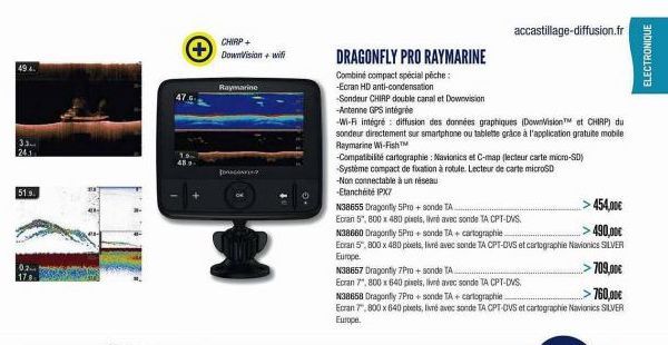 494  33 24.1  51.9.  CHIRP+ DownVision + wifi  Raymarine  DRAGONFI  O.  DRAGONFLY PRO RAYMARINE  Combiné compact special peche: -Ecran HD anti-condensation  -Sondeur CHIRP double canal et Downvision  