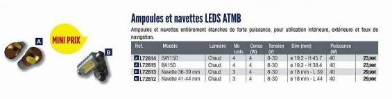 MINI PRIX  Ampoules et navettes LEDS ATMB  Ampoules et navettes entièrement étanches de forte puissance, pour utilisation intérieure, extérieure et feux de navigation. Ref.  Modèle  AL72814 BAY150 L72