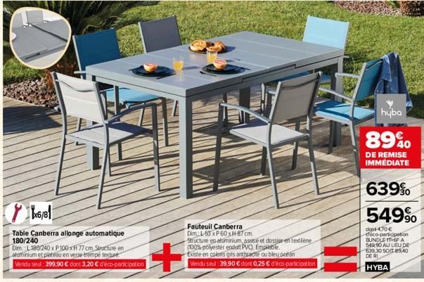 6/81  Table Canberra allonge automatique 180/240  Dim L180/240 x P100xH 77 cm Structure en aluminium et plateau en verre trempé texture  Vendu seul: 399,90 € dont 3,20 € d'éco-participation  H  Fauteu