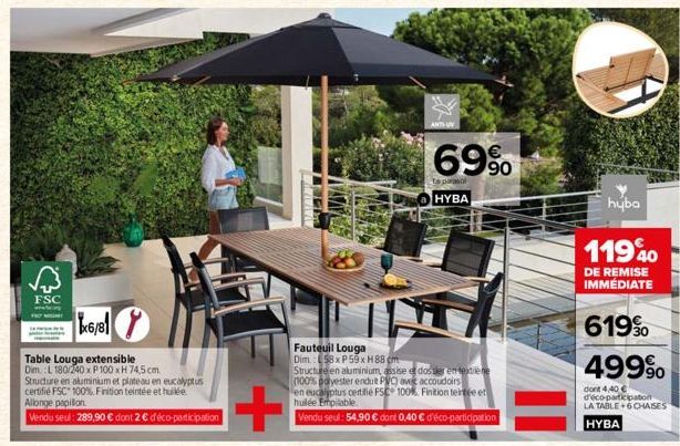 FSC  DAL  6/81 (  Table Louga extensible Dim.: L 180/240 x P 100 x H 74,5 cm. Structure en aluminium et plateau en eucalyptus certifié FSC 100% Finition teintée et huilée  Allonge papillon  Vendu seul