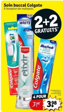 133  360  labe  Colgate  Soin buccal Colgate À l'exception des multipacks.  151  151  M  SENSATION WHITE  Colgate  elixir  TERES E  2+2  GRATUITS  Colgate®  Max Fresh  COOLING CRYSTALS  Exemple de pr 