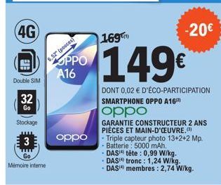 (4G)  Double SIM  32  Go  Stockage  3  Mémoire interne  6,52" (pouces)  OPPO A16  oppo  169  149€  DONT 0,02 € D'ÉCO-PARTICIPATION SMARTPHONE OPPO A16²)  oppo  • Triple capteur photo 13+2+2 Mp. - Batt