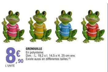 l'unité  ,90  grenouille  en polyrésine.  dim.: l. 19,2 x l. 14,5 x h. 25 cm env. existe aussi en différentes tailles, 