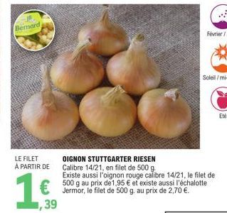 js. Bemard  LE FILET A PARTIR DE  € ,39  OIGNON STUTTGARTER RIESEN Calibre 14/21, en filet de 500 g.  Existe aussi l'oignon rouge calibre 14/21, le filet de 500 g au prix de 1,95 € et existe aussi l'é