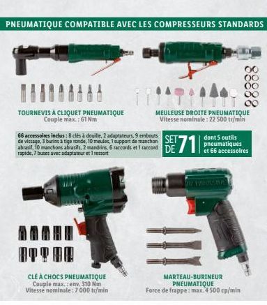 PNEUMATIQUE COMPATIBLE AVEC LES COMPRESSEURS STANDARDS  TOURNEVIS À CLIQUET PNEUMATIQUE Couple max.: 61 Nm  66 accessoires inclus: 8 clés à douille, 2 adaptateurs, 9 embouts  de vissage, 3 burins à ti