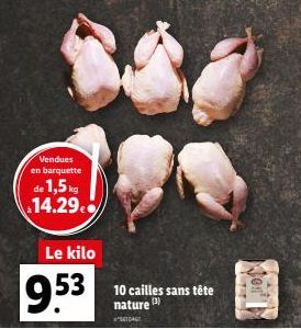 Vendues en barquette  de  1,5kg 14.29€  Le kilo  9.53  10 cailles sans tête nature  4104 