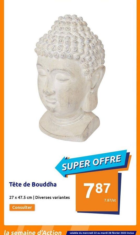 Tête de Bouddha  SUPER OFFRE  27 x 47.5 cm | Diverses variantes  Consulter  787  7.87/st  la semaine d'Action valable du mercredi 22 au mardi 28 février 2023 inclus  