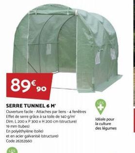 89€90  SERRE TUNNEL 6 M'  Ouverture facile-Attaches par liens-4 fenêtres  Effet de serre grâce à sa toile de 140 g/m  Dim, L 200 x P 300 x H 200 cm (structure) 19 mm (tubes)  En polyéthylène (toile)  