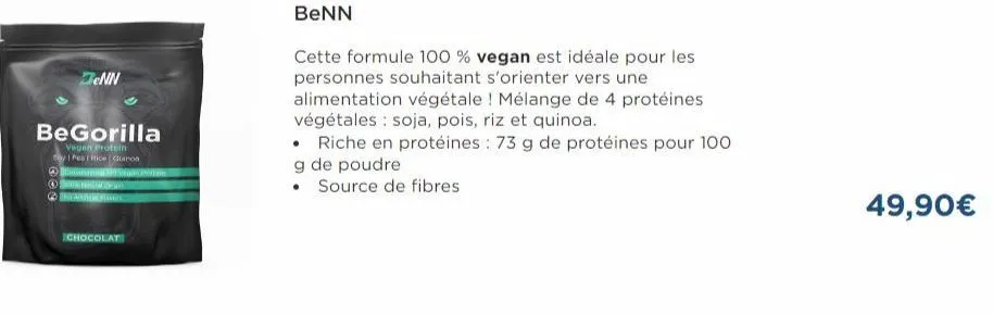 zenn  begorilla  vegen protein  soy pealitice guiron kontraming nonston  ⓒd dra  chocolat  cette formule 100% vegan est idéale pour les personnes souhaitant s'orienter vers une alimentation végétale !