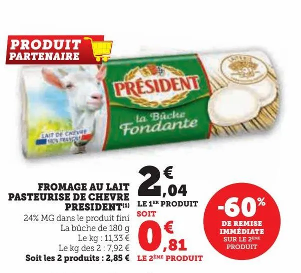 fromage au lait pasteurise de chèvre président