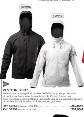 HOMME  Réf. 51251 Homme- XS a 2XL Réf. 51252 Femme-XS a XL..  VESTE INS200™  idéale pour la navigation côtière, IN200 apporte protection et confort grâce à la technologie textile Vecta", 3 couches, av