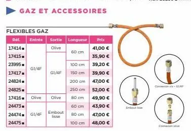 g1/4f  flexibles gaz  ref. entrée sortie longueur  17414  olive  17415  23995.  17417  24824.  24825  17416. olive olive  24473  24474 g1/4f  24475.  g1/4f  embout lisse  60 cm  100 cm  150 cm  200 cm