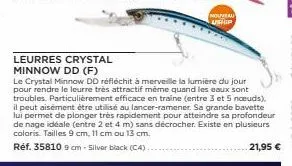 leurres crystal minnow dd (f)  le crystal minnow dd réfléchit à merveille la lumière du jour pour rendre le leurre très attractif mème quand les eaux sont  troubles. particulièrement efficace en train