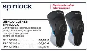 réf. 56192 s  réf. 56193 m.  réf. 56194 l  genouillères spinlock  confortables, légères, extensibles et ergonomiques, les genouillères protègent vos genoux contre les impacts.  66,90 €  66,90 €  66,90