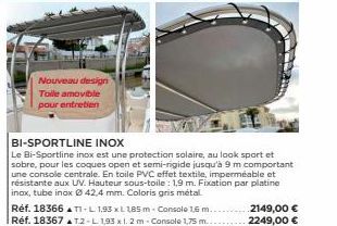 Nouveau design Toile amovible pour entretien  BI-SPORTLINE INOX  Le Bi-Sportline inox est une protection solaire, au look sport et sobre, pour les coques open et semi-rigide jusqu'à 9 m comportant une
