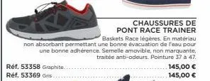 réf. 53358 graphite. réf. 53369 gris  chaussures de pont race trainer baskets race légères. en matériau non absorbant permettant une bonne évacuation de l'eau pour une bonne adhérence. semelle amovibl