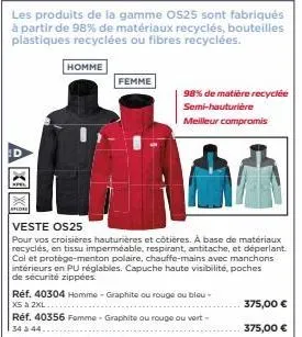 les produits de la gamme os25 sont fabriqués à partir de 98% de matériaux recyclés, bouteilles plastiques recyclées ou fibres recyclées.  apel  splore  homme  femme  veste os25  pour vos croisières ha