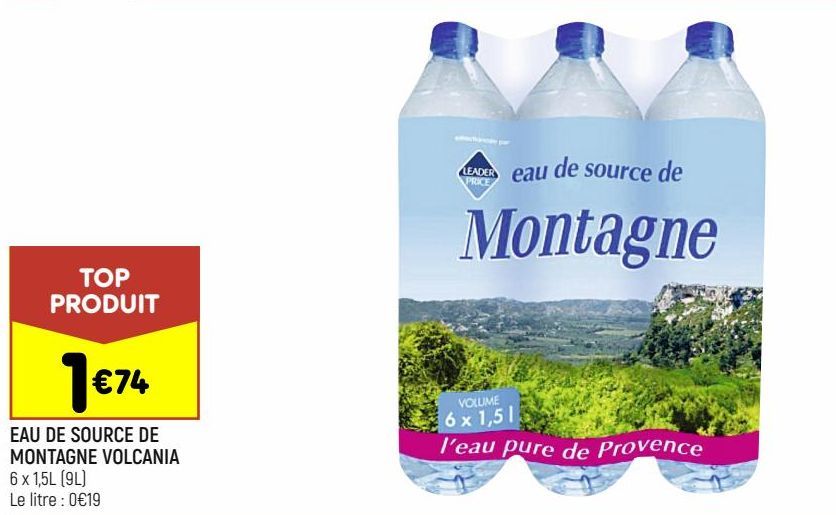 Eau de source de montagne volcania Leader Price