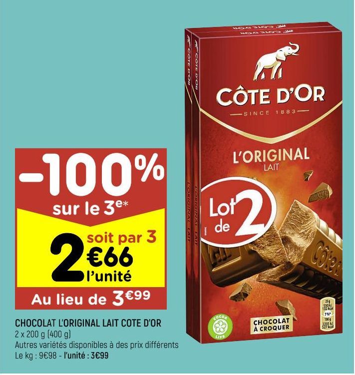 Chocolat l'Original lait Côte d'or