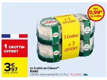 1 crottin offert  397  lokg: 16.54€  s crottins +1 offert  le crottin de chèvre rians  23% m.g. dans le produt fini, 3x70 g 70 g offerts.  3 crottins  +1 offert  soit  0,99€  le crottin 