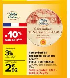 Reflers France  -10%  SUR LE 2  Vendu soul  32  Le kg:13 €  Le 2 produt  292  Reffers France  Camembert de Normandie AOP au lait cru  Camembert de Normandie au lait cru A.O.P. REFLETS DE FRANCE 22% MG