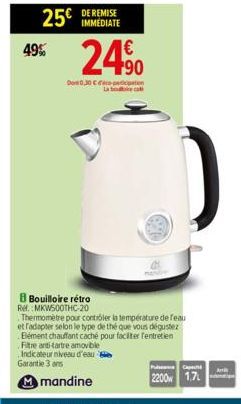 25€  49%  IMMEDIATE  24⁹0  Dont 0,30 €  La boca  8 Bouilloire rétro Rel. MKWS00THC-20 Thermometre pour contrôler la température de leau et f'adapter selon le type de thé que vous dégustez Bément chauf